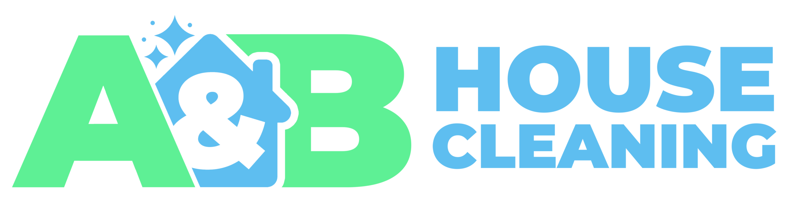Logo for A&B House Cleaning featuring large green "A" and blue "B" with a house icon and sparkles, and the words "HOUSE CLEANING" in bold blue text on the right.