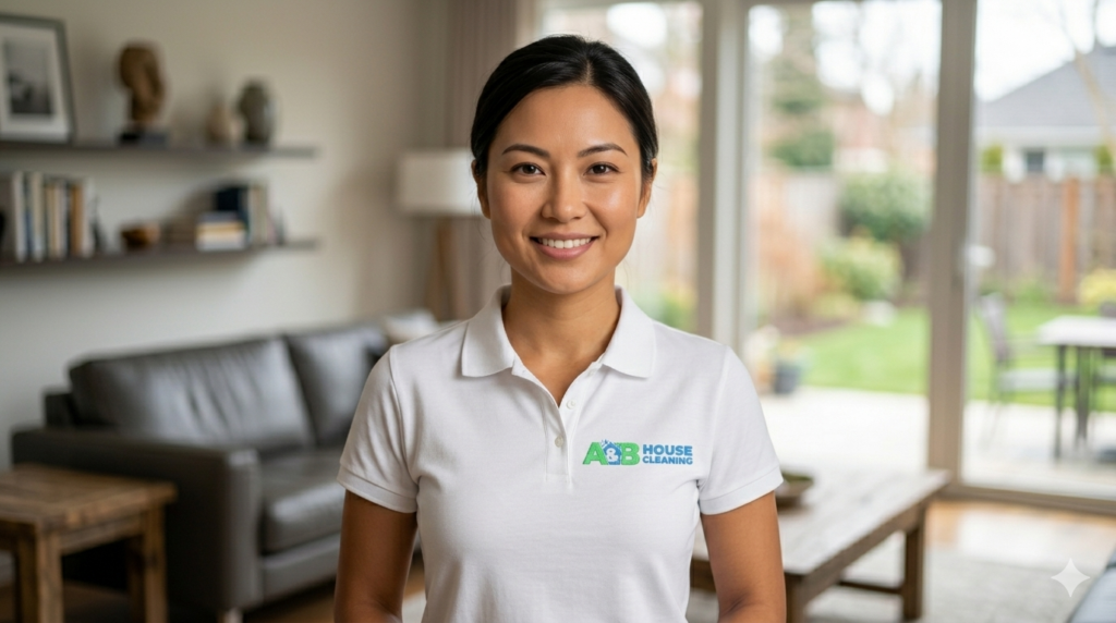 A woman in a logo polo smiles in a tidy living room with large windows and garden view, showcasing professional residential cleaning.